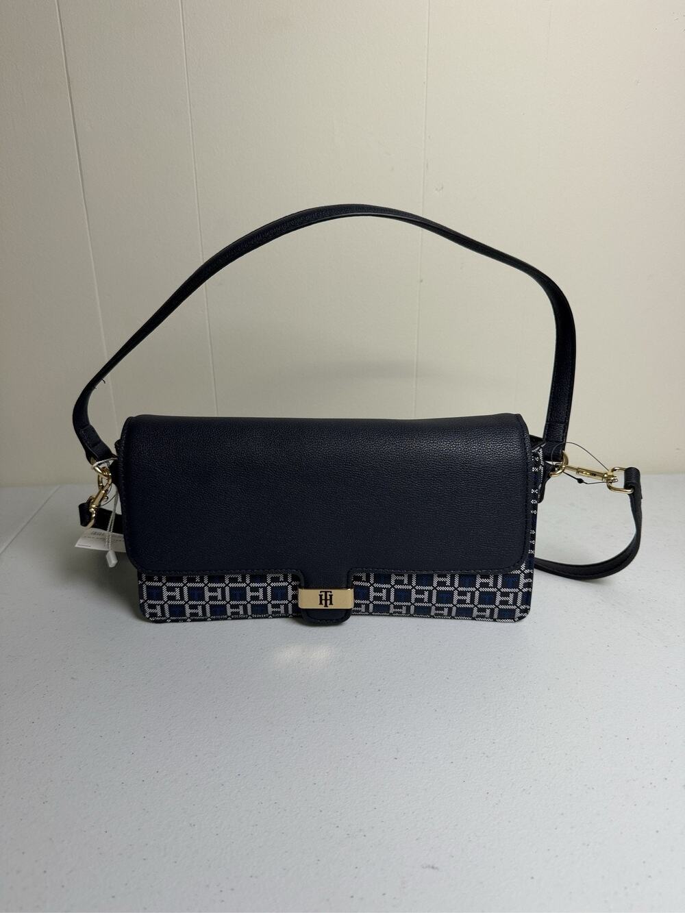 Tommy Hilfiger TH Monogram Flap Shoulder Bag Navy Blue Gold Hardware